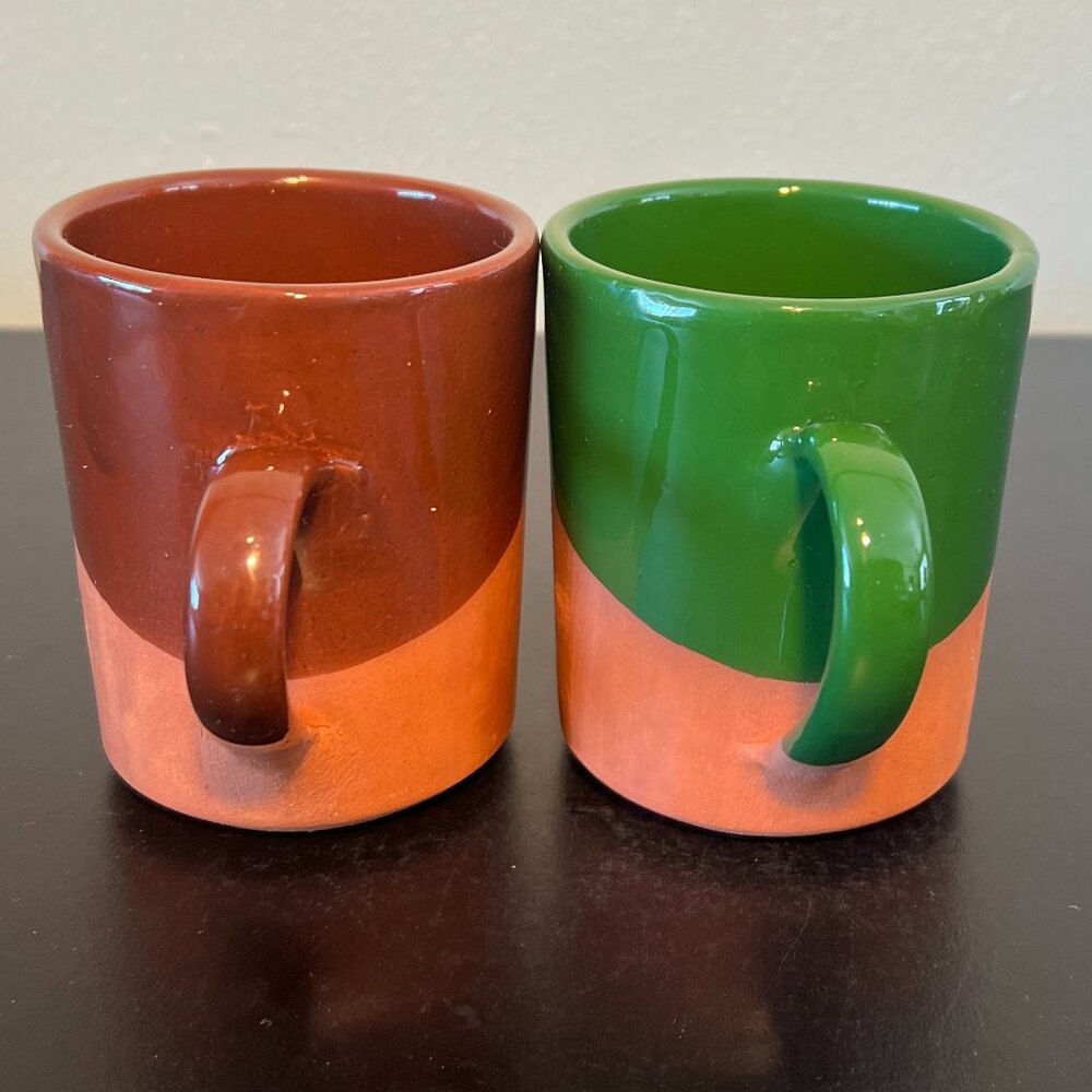 Set of 2 Handcrafted Terra Cotta Pottery Coffee Mugs Asymmetrical Dipped Glaze - Picture 7 of 13